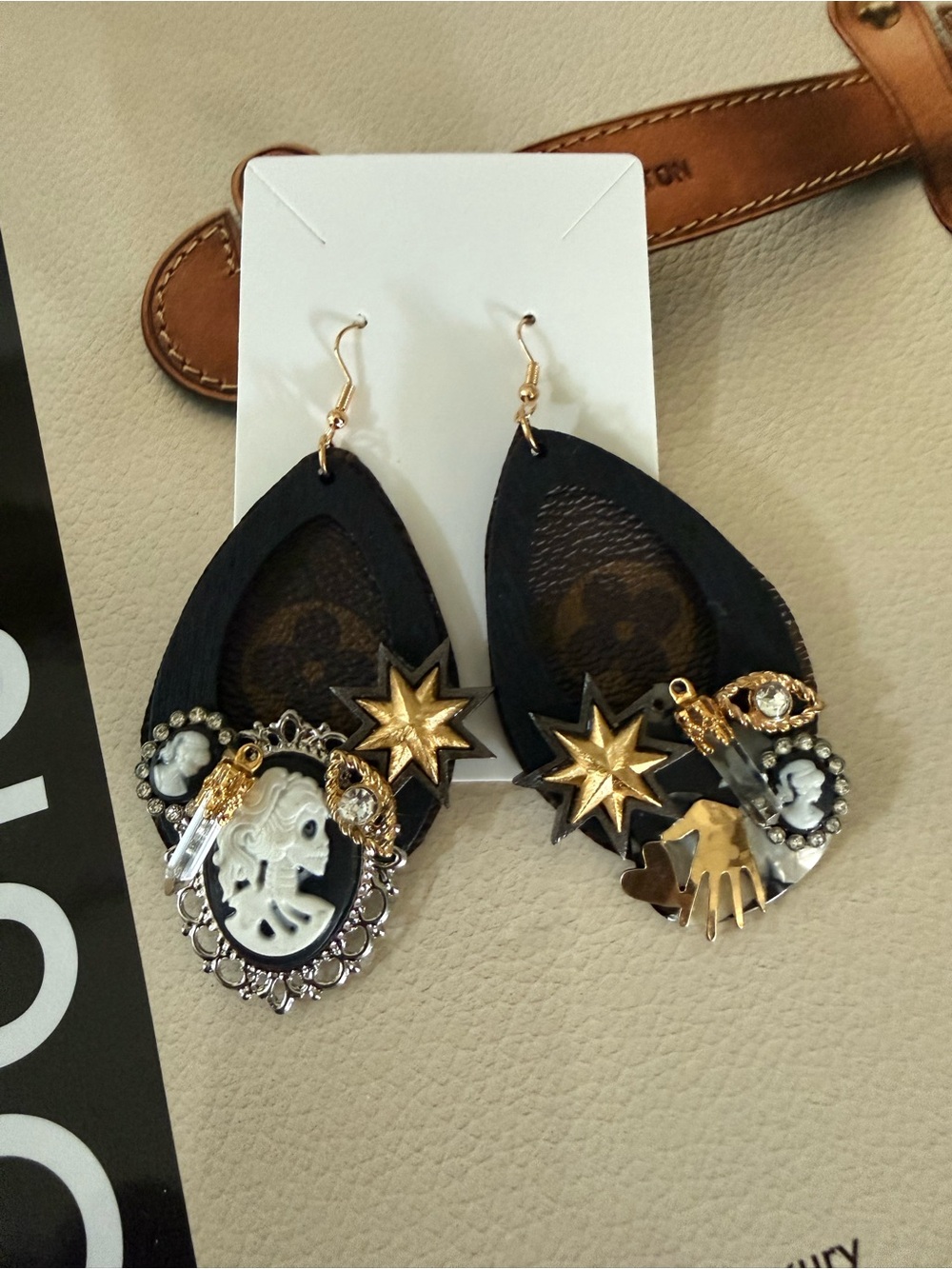 Repurposed handbag & vintage jewelry earrings Halloween Magic Skull Gothic